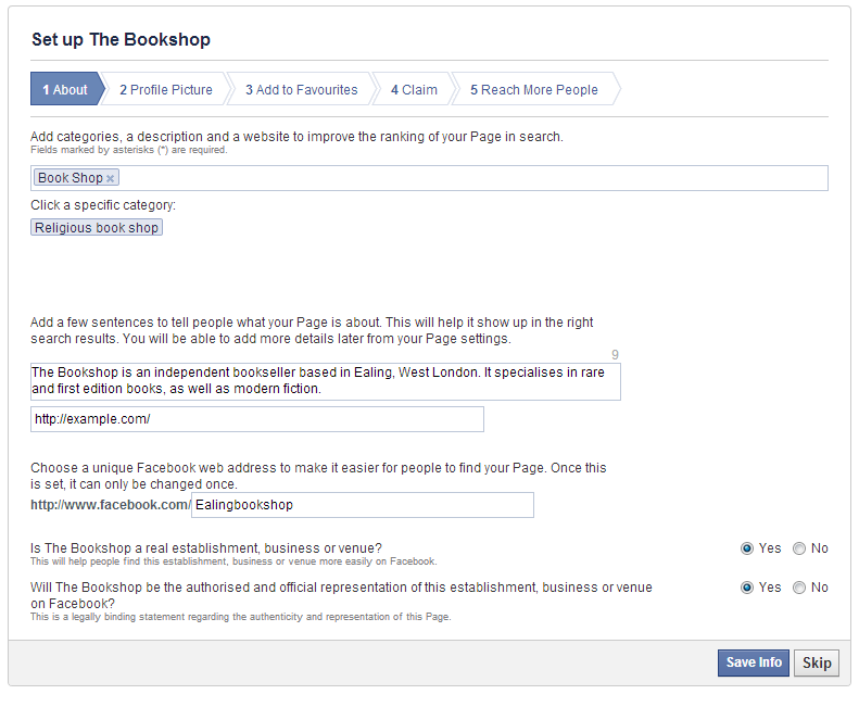 Example of a Facebook setup page