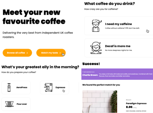 An example of a quiz on a coffee sales website. The quiz designed to help people decide which kind of coffee they should buy