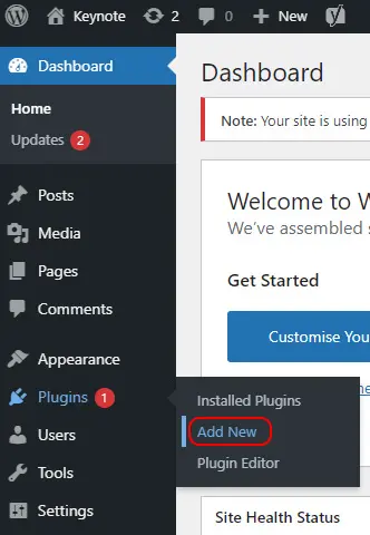 WordPress dashboard with the plugins link highlighted