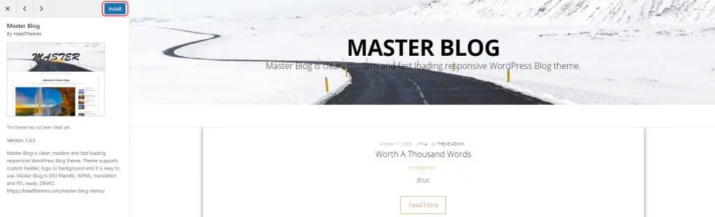 Highlighting the install button on a WordPress theme that is being previewed