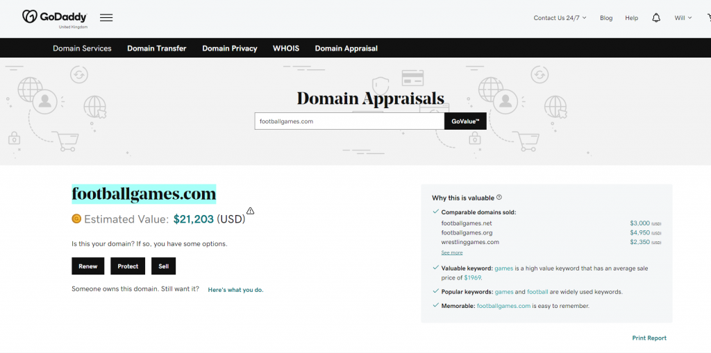 A screenshot of the GoDaddy domain valuation tool in action showing that footballgames.com is estimated to be worth 21,203 USD