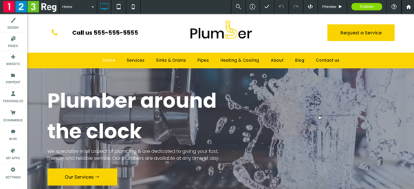 A 123 Reg Website Builder template designed for a plumbing business