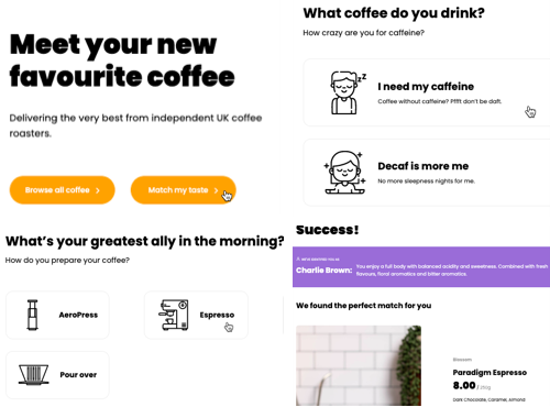 An example of a quiz on a coffee sales website. The quiz designed to help people decide which kind of coffee they should buy