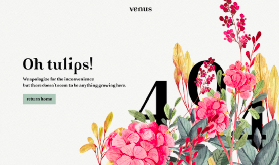 An example of a custom 404 page for a florist. It says "oh tulips!" and directs people back to the homepage