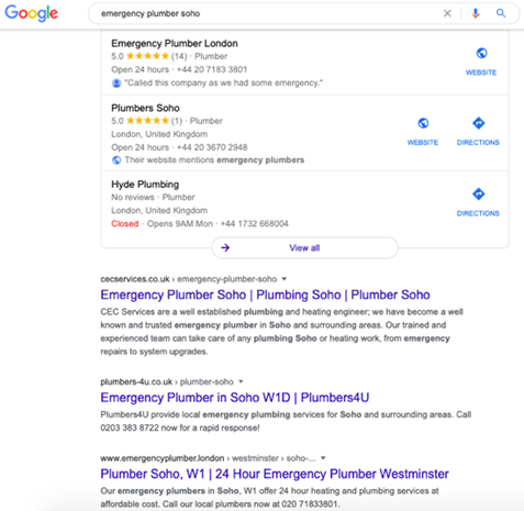 Google search results for the query "emergency plumber soho"