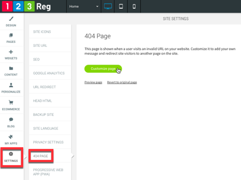 An image showing how to customize a 404 page using the 123 Reg website builder, as per the instructions above