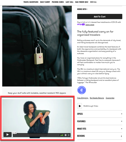 An example of a product page which includes a photo of the product, in this case a backpack, as well as a video of a person using the product. Next to this there is a product description and an add to cart button