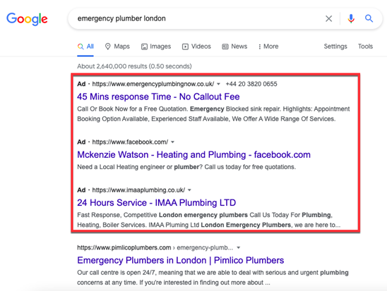 Search results highlighting the paid ad results on Google for the search term emergency plumber london