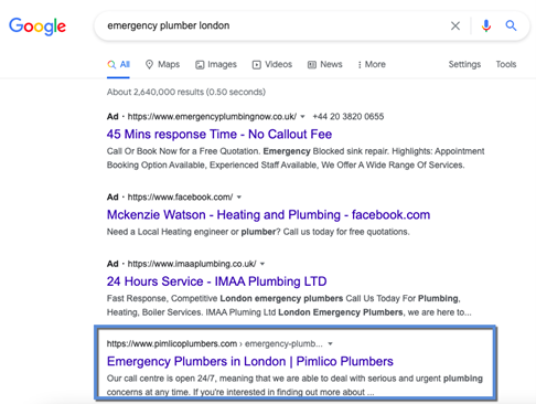 An image showing that Pilmlico plumbers ranks top of Google's organic search results for the phrase emergency plumber london