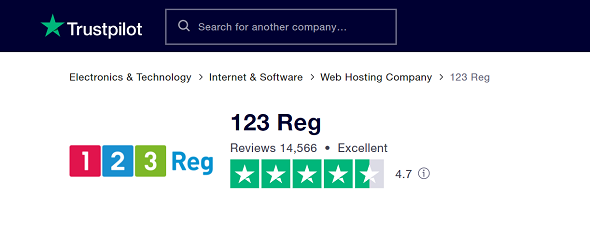 An image showing 123 Reg's score of 4.7 on the review site Trustpilot