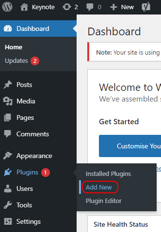 WordPress dashboard with the plugins link highlighted