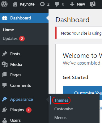 The themes link highlighted on the WordPress dashboard sidebar