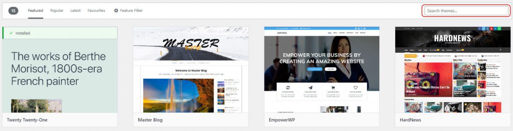 The themes tab in WordPress, showing available themes with a search option