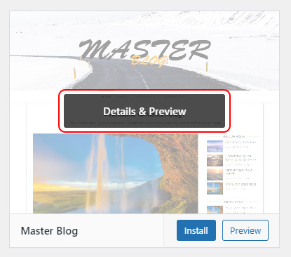 An example of the option to preview a wordpress theme before installing it