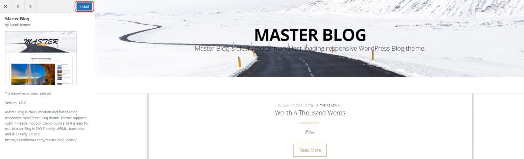 Highlighting the install button on a WordPress theme that is being previewed