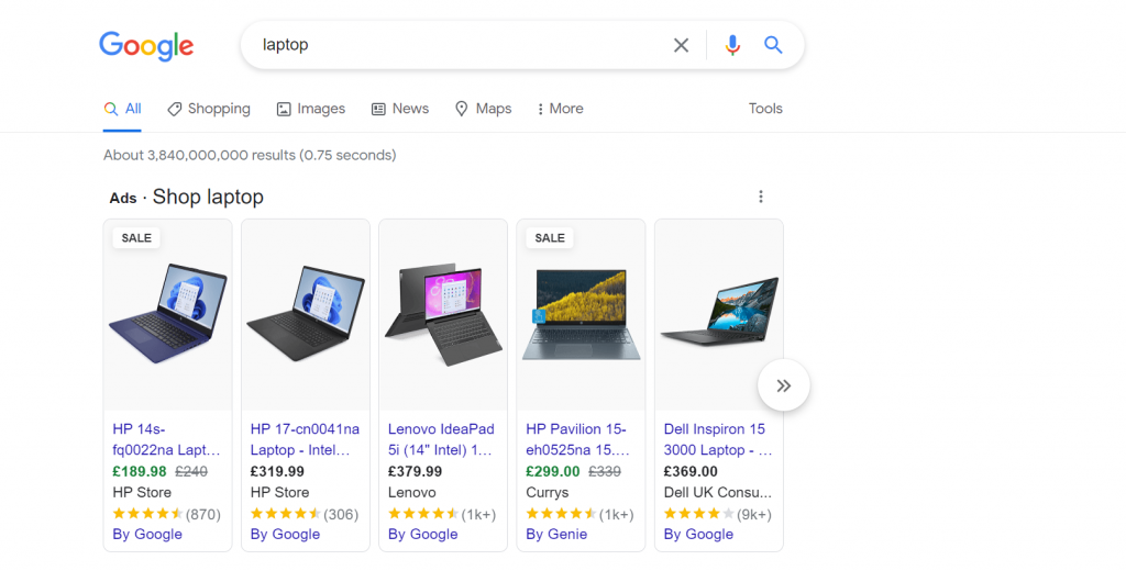 An example of a Google search ad for laptops