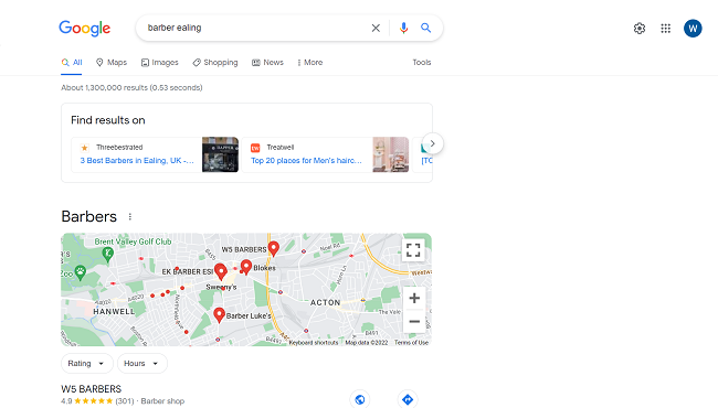 An example of a Google local search result for "barber in ealing"