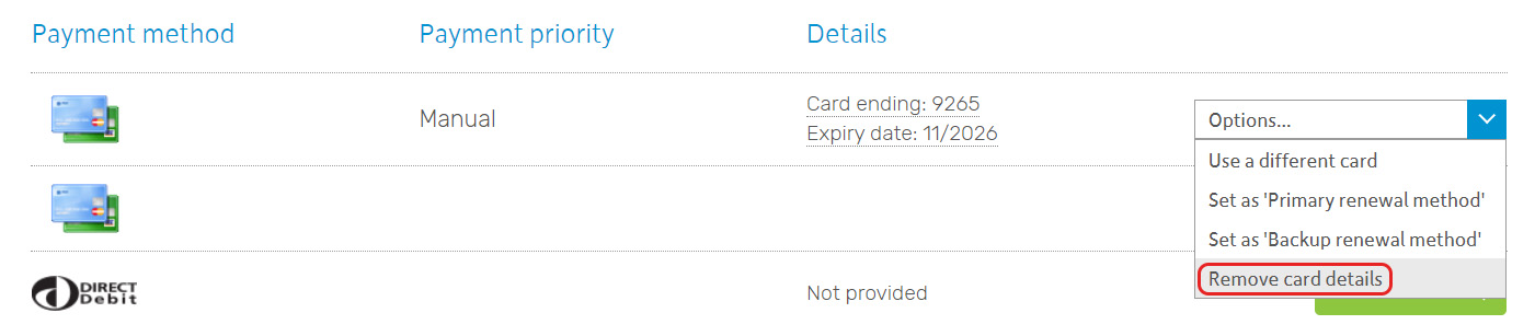 Remove card details
