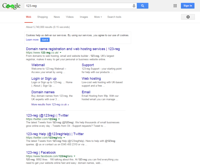 123 Reg Google Search results