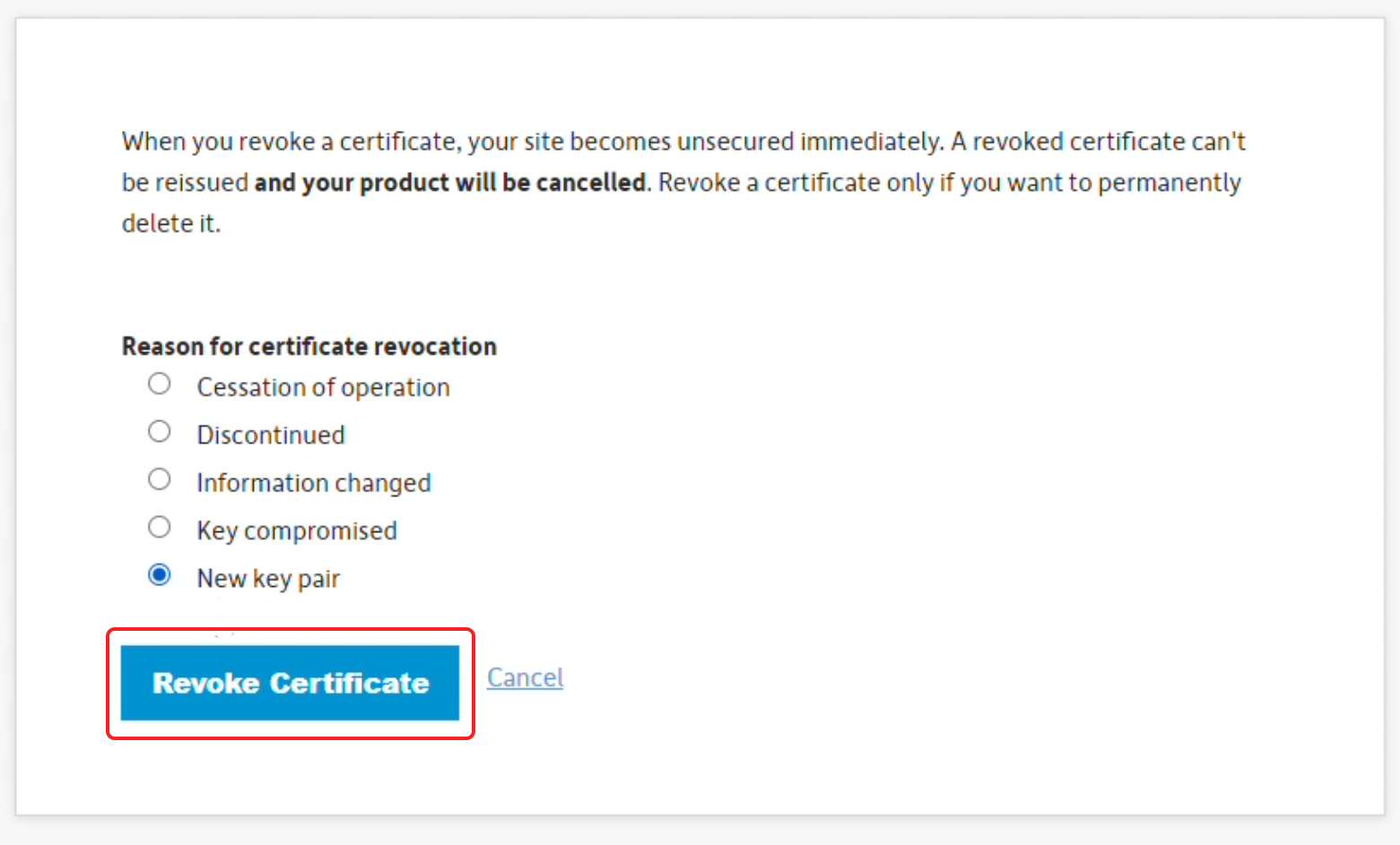 Select Revoke Certificate
